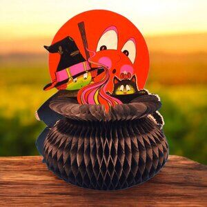 Vintage Beistle Halloween Witch & Cat in Cauldron Honeycomb Centerpiece Foldout